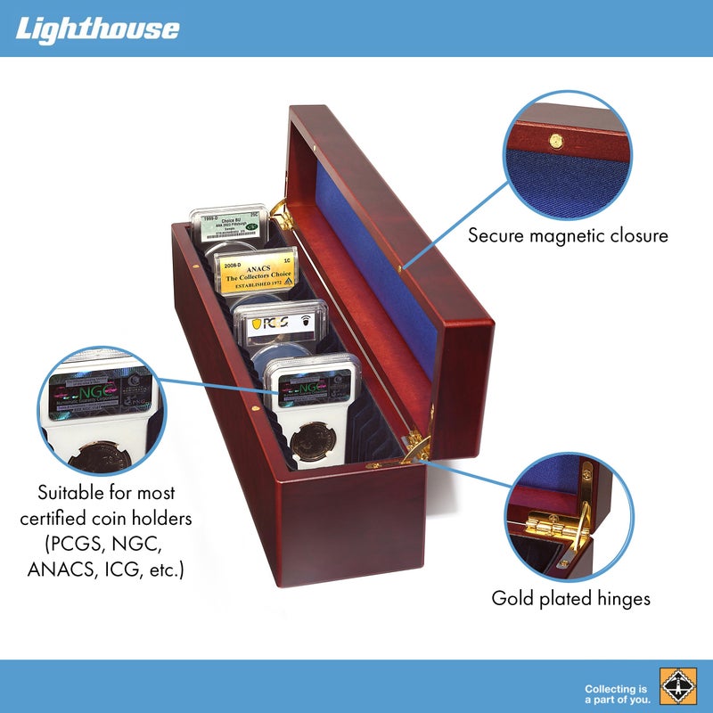 Leuchtturm منارة - صندوق عملات لـ 25 شريحة - مثالي لشريحة العملات المعتمدة من PCGS و NGC و ANACS و ICG والمزيد - تشطيب خشب الماهوجني, MSLBOX25 - Image 2